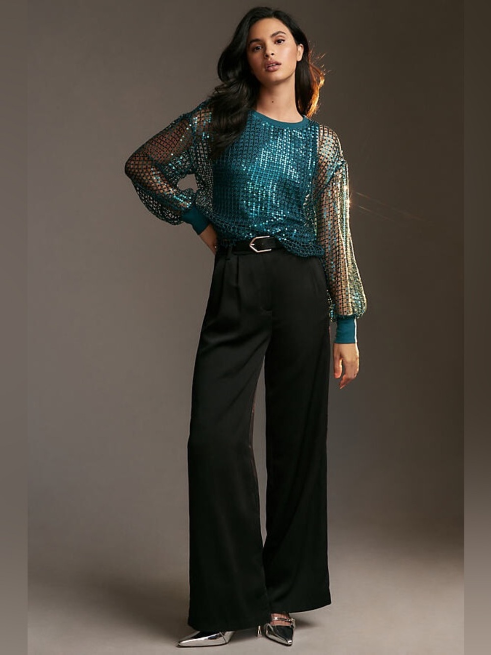 Pilcro Teal Sequin Mesh Jersey Long-Sleeve Top - Picture 4 of 16